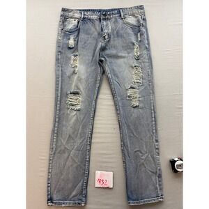 Fredd Marshall Mens Light Wash Distressed Ripped Straight Leg Jeans Size 36